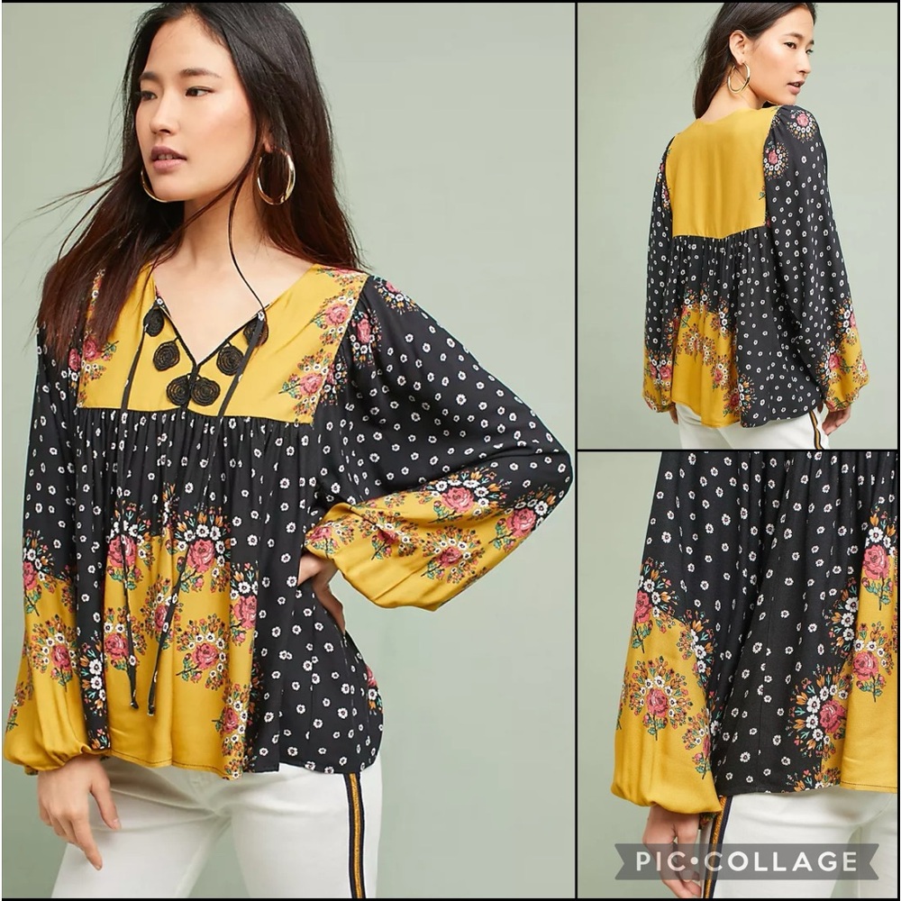 Anthro Farm Rio Floral Polka Dot Tassel Tie Blouse Top